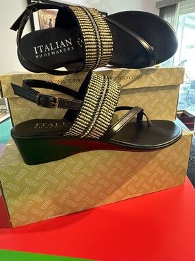 Italian Shoemakers Black Wedge Sandals with Gold Beaded Straps